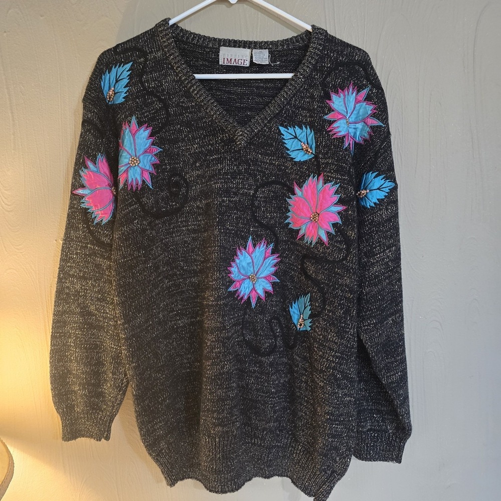 Fitting Image Vintage Womens Beaded Holiday Embroidered Knit Sweater XL